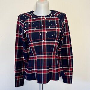 NWT H&M Beaded Flannel Blouse Long Sleeve Plaid Mod Holiday Shirt Top Sz 2